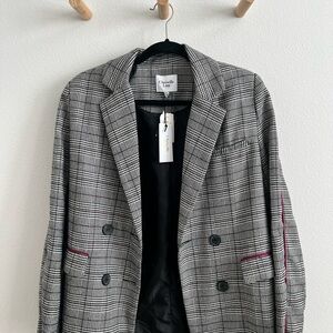 Gray Plaid Double-Breasted Blazer
